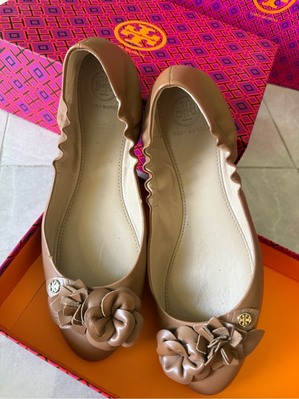 Tory Burch Brown Leather Floral “Blossom” Ballet Flats